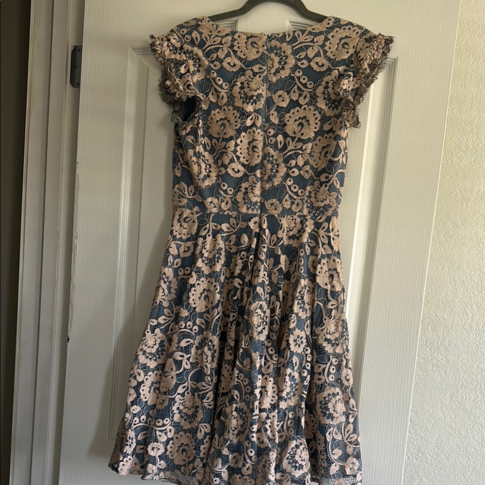 Eliza J Blue and Cream Pleated Fit and Flare Dress - Picture 8 of 8